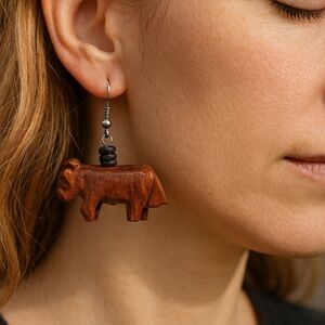 Wood Dangle Earrings Carved Bears 1.5”x2” pierced